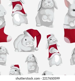 Vector seamless pattern for New Year 2023, Christmas, cards, banners, print. Illustration of white rabbits bunnies in Santa Claus hats and clothes isolated on white. 