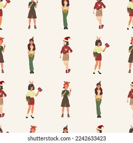 Vector seamless pattern. New Year celebration. Girls have fun, decorate the Christmas tree, give gifts