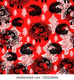 Vector seamless pattern with new year sheep on red background. Hand drawn. 