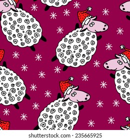 Vector seamless pattern with new year sheep. Hand drawn. 