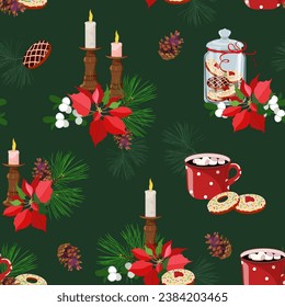Vector seamless pattern with New Year and Christmas symbols. Design element on a green background. For decorating textiles, packaging.