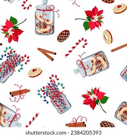 Vector seamless pattern with New Year and Christmas symbols. Design element on a white background. For decorating textiles, packaging.