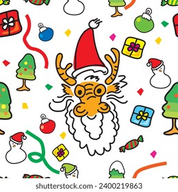 Vector seamless pattern for New Year and Christmas theme, doodle cartoon of Asian dragon head and elements of Christmas