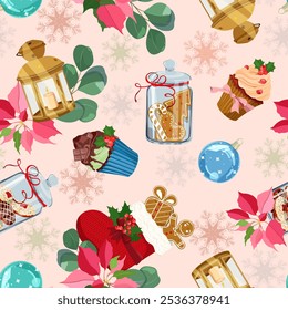 Vector seamless pattern with New Year and Christmas symbols. Design element on a pink background. For decorating textiles, packaging.