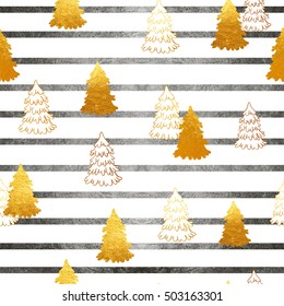 Vector seamless pattern with New Year, gold Christmas trees and stripes. Abstract background. Winter illustration.