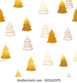 Vector seamless pattern with New Year, gold Christmas trees. Abstract background. Winter illustration. just line.