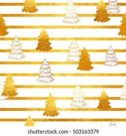 Vector seamless pattern with New Year, gold Christmas trees and stripes. Abstract background. Winter illustration.