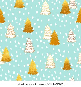Vector seamless pattern with New Year, gold Christmas trees and white snowflakes. Abstract background. Winter illustration.