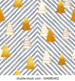 Vector seamless pattern with New Year, gold Christmas trees and stripes. Abstract background. Winter illustration.
