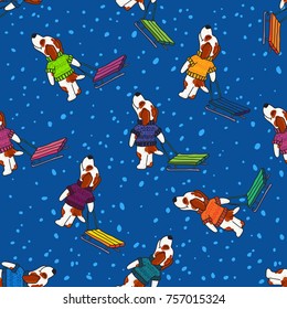 Vector seamless pattern for New Year and Christmas with dogs in colorful sweaters with sled in winter. Winter greeting design with doodle ornament.