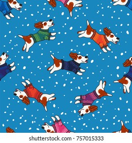 Vector seamless pattern for New Year and Christmas with dogs in colorful sweaters in winter. Winter greeting design with doodle ornament.