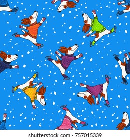 Vector seamless pattern for New Year and Christmas with dogs in colorful sweaters skating in winter. Winter greeting design with doodle ornament.