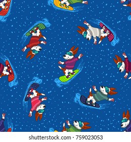 Vector seamless pattern for New Year and Christmas with dogs in colorful sweaters are snowboarding in winter. Winter greeting design with doodle ornament.