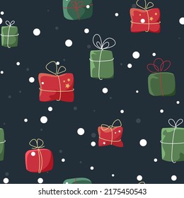 Vector seamless pattern of New Year's gift boxes with bright linear bows on the background of white big snowballs