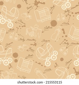 Vector seamless pattern with newborn baby symbols. Background for use in design, web site, packing, textile, fabric