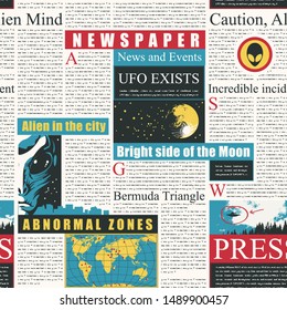 Vector seamless pattern with newspaper columns. Repeatable newspaper background with unreadable text, colored headlines and illustrations on the theme of extraterrestrial civilizations, alien, UFO