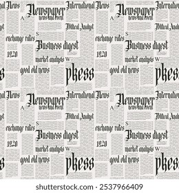 Vector seamless pattern with newspaper columns. Text in newspaper page unreadable. Old newspaper with black text, repeating newspaper vector background with gothic titles