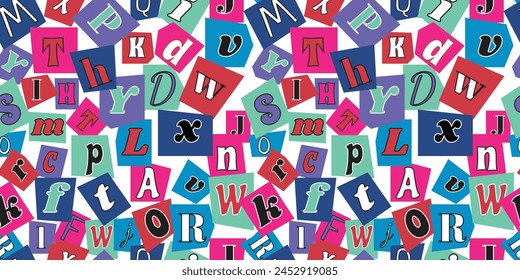 Vector seamless pattern of newspaper cut random letters. Magazine color torn paper collage alphabet background. Clipping font wallpaper, print, textile, fabric, wrapping.