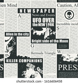 Vector seamless pattern with newspaper or magazine columns. Black and white background with unreadable text, headlines and illustrations on the theme of UFO, aliens, extraterrestrial civilizations