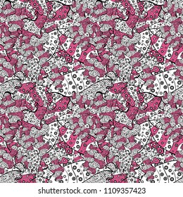 Vector. Seamless pattern Nice fabric pattern. It can be used on wallpaper, wrapping boxes, mug prints, baby apparels etc. Doodles pattern. White, black, pink, gray, neutral on colors. Cute background.