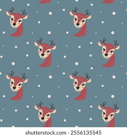 Vector seamless pattern with nice fawn heads and snow. Winter wallpaper with cute cartoon animals. Repeat texture for kids textile or wrapping paper.