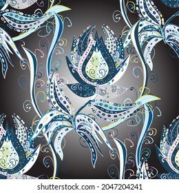 Vector. Seamless pattern with nice flowers on gray, neutral and blue colors, watercolor floral pattern, tileable for wallpaper, card or fabric.