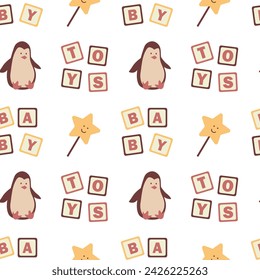 Vector seamless pattern with nice kids toys. Children playthings wallpaper. Texture for textile or wrapping paper.