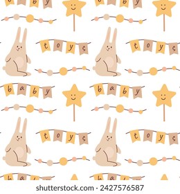 Vector seamless pattern with nice kids toys and letters on the flags. Cute rabbit and smiling star. Nice cartoon characters wallpaper. Texture for textile or wrapping paper.