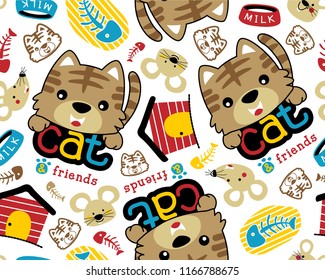 Vector seamless pattern of nice kitten cartoon and mouse with kitten's house, fishbone.