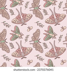 Vector seamless pattern with night butterflies and leaves. Illustration for fabric, textile, background, wallpaper, wrapping paper