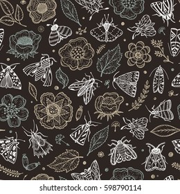 Vector Seamless Pattern with Night Butterflies and Plants. Vintage Floral Background. Hand Drawn Moths, Flowers, Leaves, Sprigs, Seeds
