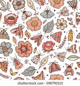 Vector Seamless Pattern with Night Butterflies and Plants. Vintage Floral Background. Hand Drawn Moths, Flowers, Leaves, Sprigs, Seeds