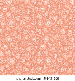 Vector Seamless Pattern with Night Butterflies and Plants. Vintage Floral Background. Hand Drawn Moths, Flowers, Leaves, Sprigs, Seeds.