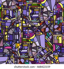Vector seamless pattern of night fictional magic colored city. Hand drawn.