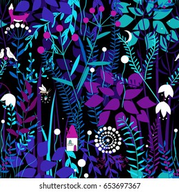 Vector seamless pattern with night forest plants, and fairy house. Fairy doodle fantasy plants.