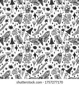 Vector seamless pattern with night moths, stars, feathers, grebes in doodle style. Black-white mystical background with natural elements.