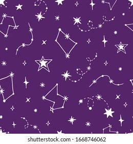 Vector seamless pattern of night starry sky. For design of surfaces, prints, wrapping paper, postcards, posters, printing. Theme space, Cosmonautics Day, astronomy, sky, stars