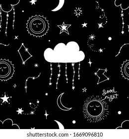 Vector seamless pattern of night starry sky. For design of surfaces, prints, wrapping paper, postcards, posters, printing. Theme space, Cosmonautics Day, astronomy, sky, stars