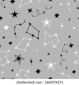 Vector seamless pattern of night starry sky. For design of surfaces, prints, wrapping paper, postcards, posters, printing. Theme space, Cosmonautics Day, astronomy, sky, stars