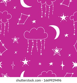Vector seamless pattern of night starry sky. For design of surfaces, prints, wrapping paper, postcards, posters, printing. Theme space, Cosmonautics Day, astronomy, sky, stars