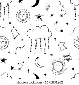 Vector seamless pattern of night starry sky. For design of surfaces, prints, wrapping paper, postcards, posters, printing. Theme space, Cosmonautics Day, astronomy, sky, stars