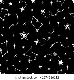 Vector seamless pattern of night starry sky. For design of surfaces, prints, wrapping paper, postcards, posters, printing. Theme space, Cosmonautics Day, astronomy, sky, stars