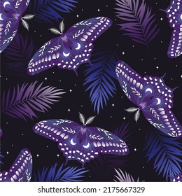 Vector seamless pattern with night violet butterflies. Contemporary composition. Trendy texture for print, textile, packaging.