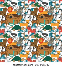 Vector seamless pattern with Noah's Ark concept, Bible story for kids, cartoon vector ornament