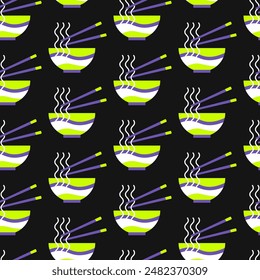 Vector seamless pattern with noodles and chopsticks on black background
