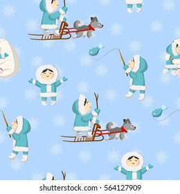 vector seamless pattern with Nordic characters. smiling Eskimo. Greenland, Siberian or Alaskan Native. native of the Far North. Girl hugging a polar bear. Northerner rides on dog sled. Eskimo fishing.