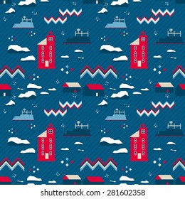 vector seamless pattern in nordic style. Red lighthouse