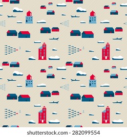 vector seamless pattern in nordic style. Lighthouses and village on beige background