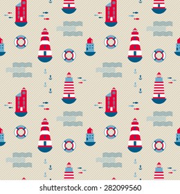 vector seamless pattern in nordic style. Lighthouses on beige background