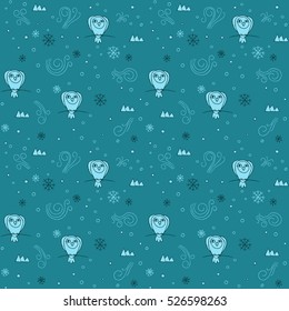 Vector seamless pattern with north polar owl, icebergs, snow, snowflakes and blizzard
